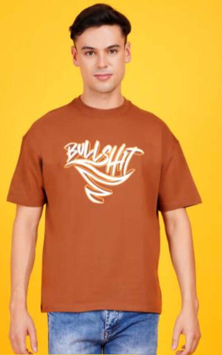 Model wearing a brown Printed COTTON FRENCH TERRY t-shirt with stylish graphic design.