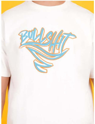 Printed COTTON FRENCH TERRY white t-shirt with bold blue and orange graphic design featuring the word 'BULLSHIT'.