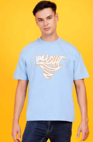 Printed COTTON FRENCH TERRY short sleeve t-shirt in light blue with artistic text design.