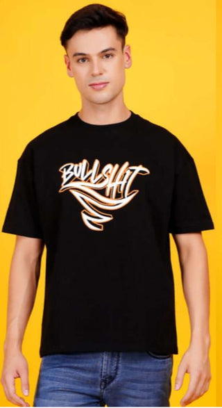 Model wearing a black t-shirt with 'BULLSHIT' graphic design in white and orange on a yellow background.