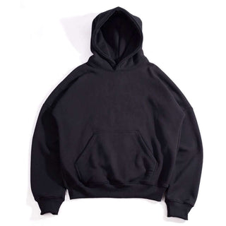 100% COTTON FLEECE HOODIES in black color, featuring a spacious pocket and soft fleece fabric for comfort.