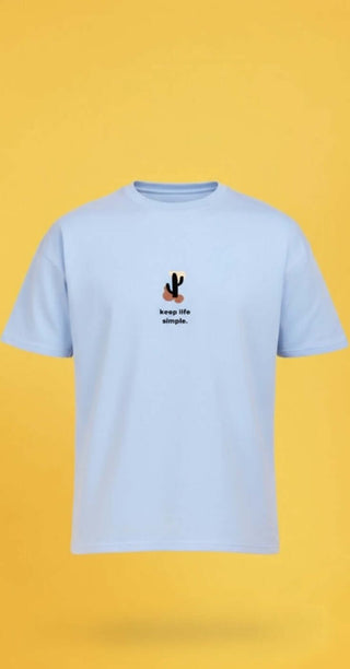 TERRY DROP SHOULDER T-SHIRTS PRINTED in light blue with cactus graphic and text 'keep life simple'.